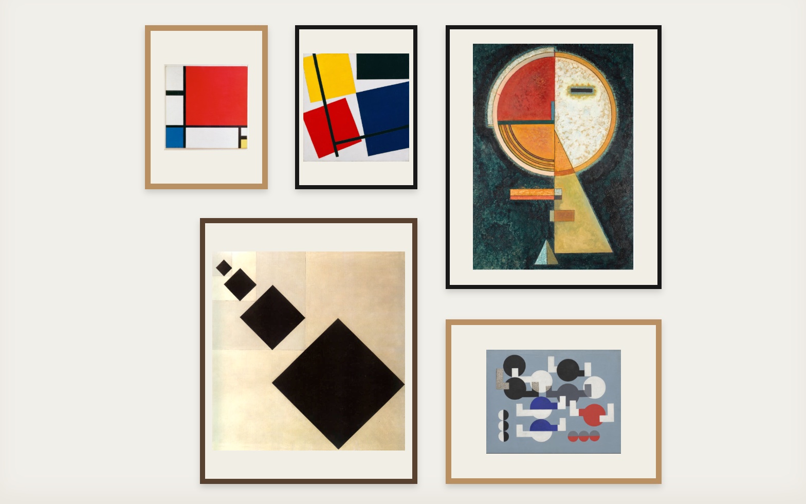 Five geometric abstract works shown in a gallery-wall arrangement